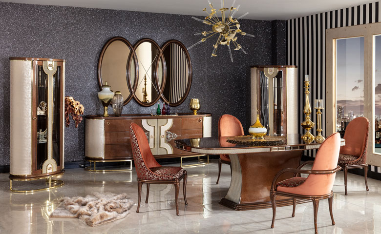 Bursas Art Deko Dining Room Set, Gold Mirrored Dining Table Set